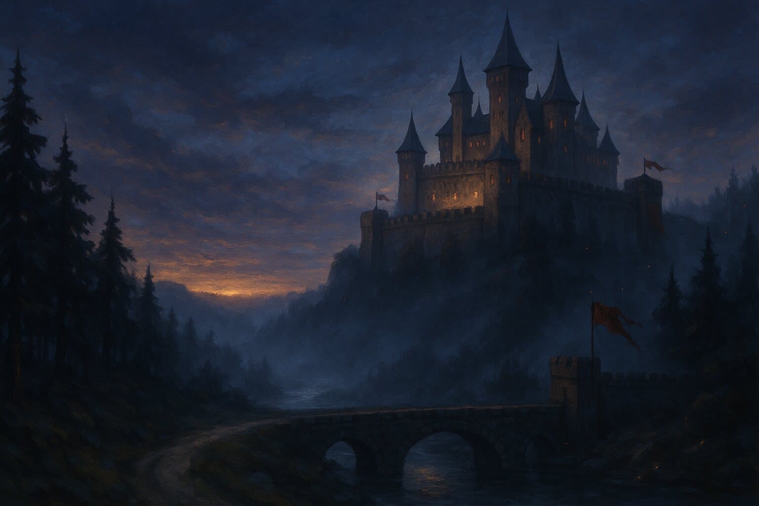 A citadel on a cliff above a misty river valley at dusk